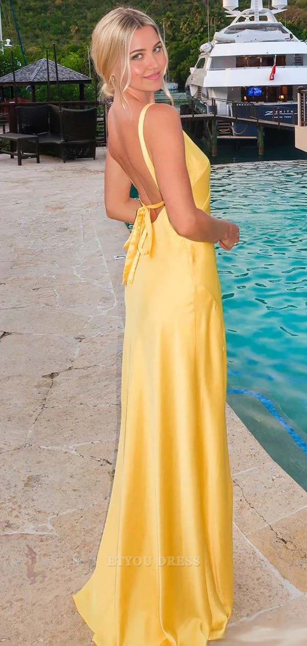 Sheath V-Neck Backless Satin Yellow formal dresses Bridesmaid Dresses evening gown Prom Dress With Split